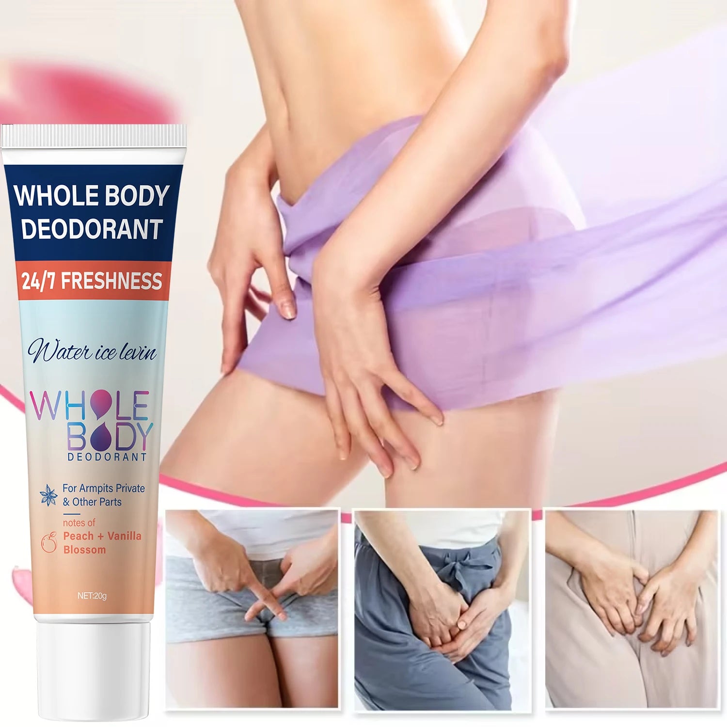 24/7 Freshness Whole Body Deodorant for Armpits & Private Parts with Hyaluronic Acid & Peach Vanilla Scent.
