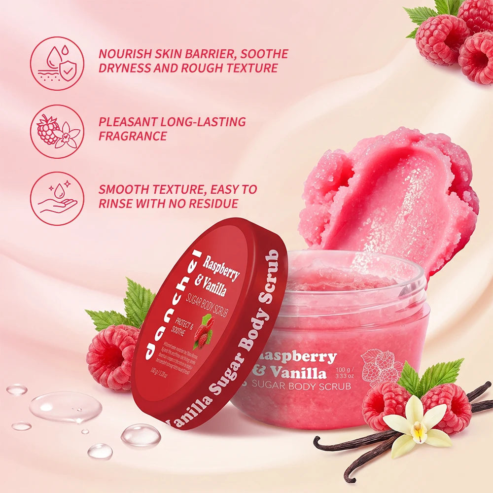 Raspberry Vanilla Sugar Body Scrub Gentle Exfoliation Remove Dead Skin Smooth Soothed Skin Soft Fragrance Shower Body Care