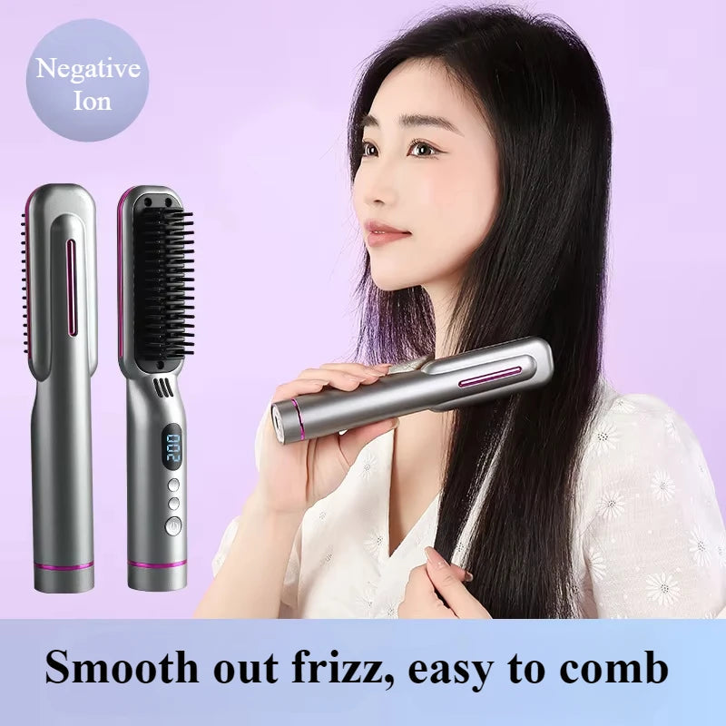 Wireless Hair Styler Negative Ion Hair Straightener Comb & Curling Comb Damage-Free Voluminous LED Screen Rechargeable Hot Comb Halalzen