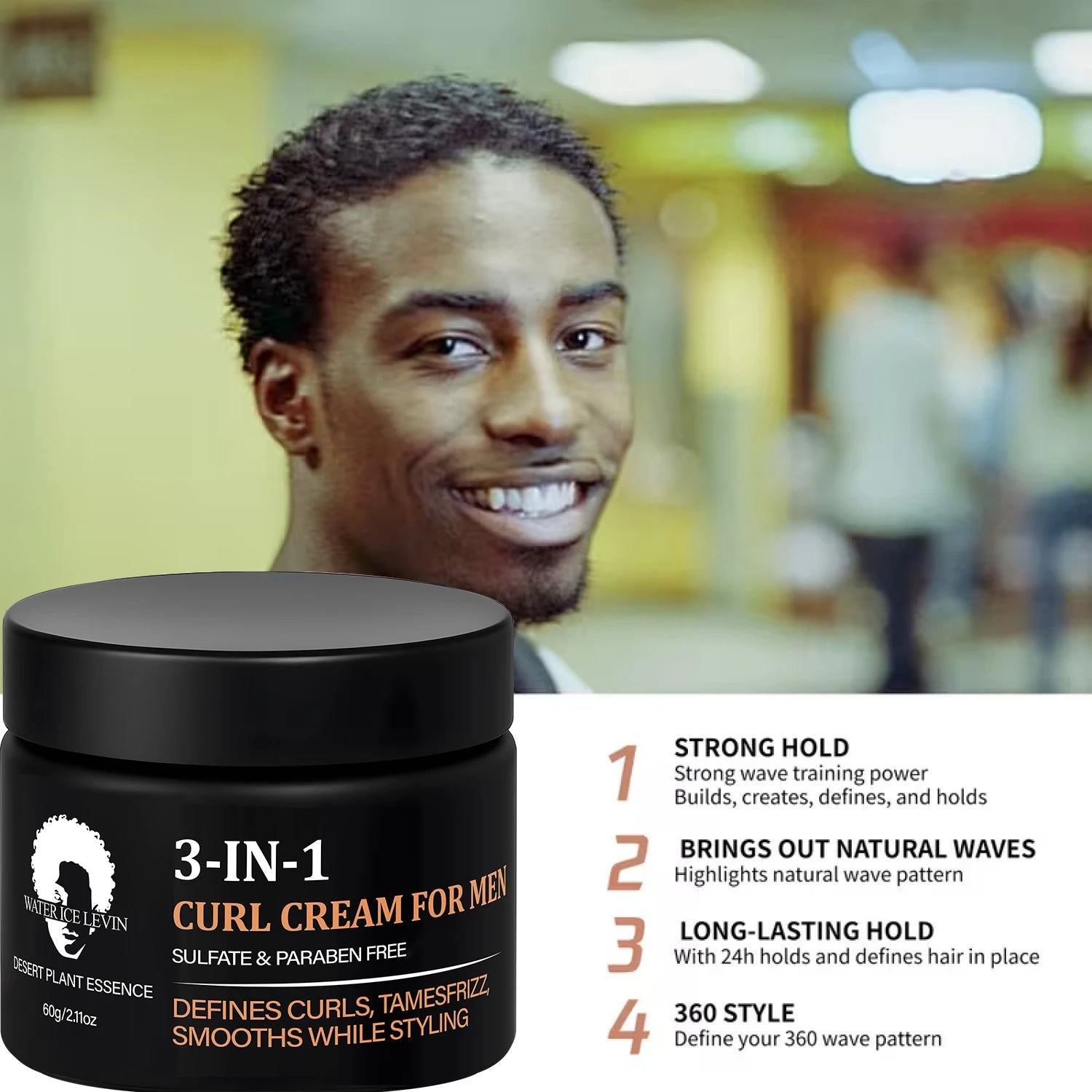 3-IN-1 Men’s Curl Cream: Sulfate/Paraben-Free, Desert Plant Essence, Defines Curls, Tames Frizz & Smooths While Styling Halalzen