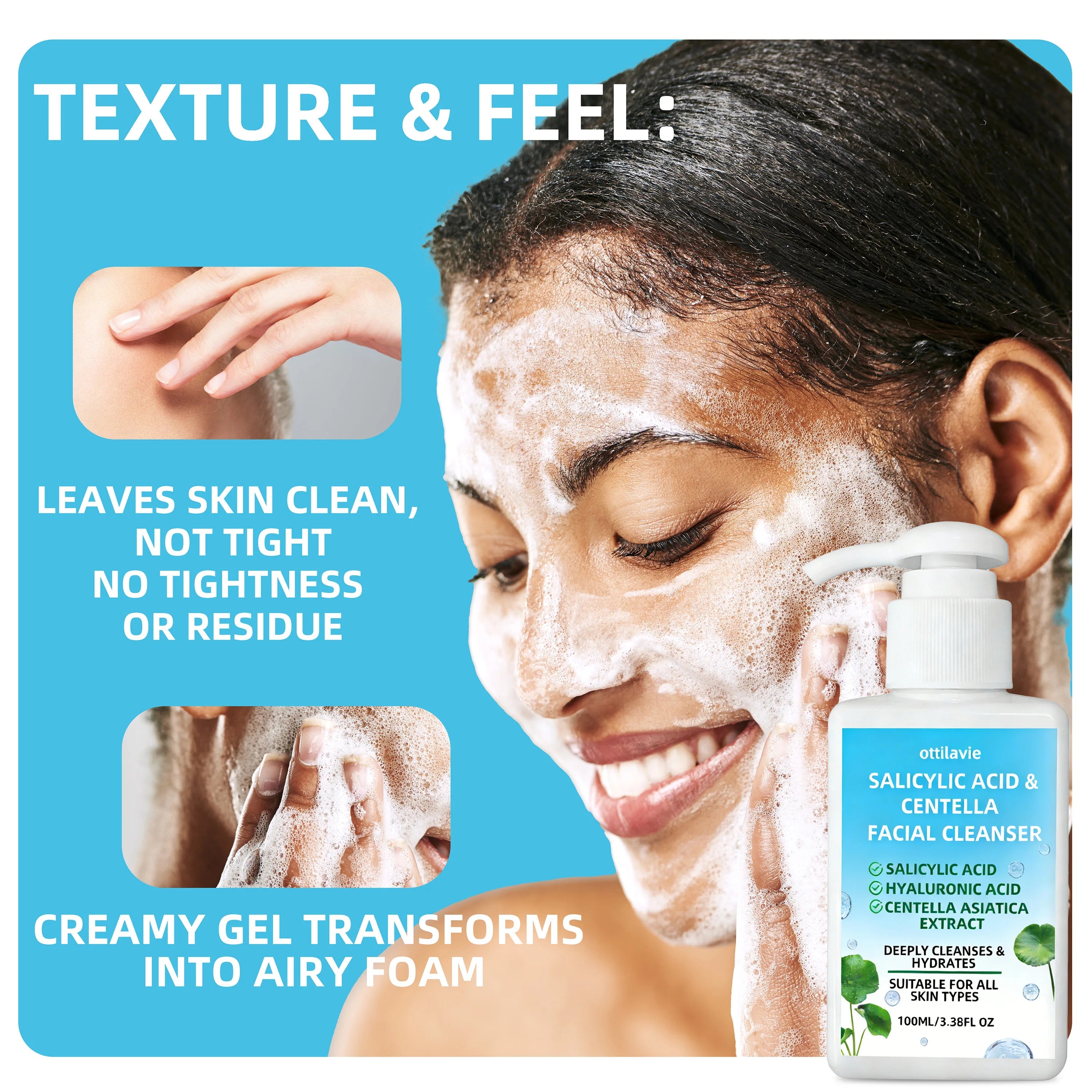 Ottilavie Salicylic Acid & Centella Face Wash: Gentle Exfoliating Cleanser for Deep Pore Care & Hydration, Daily Use, 100ml Halalzen