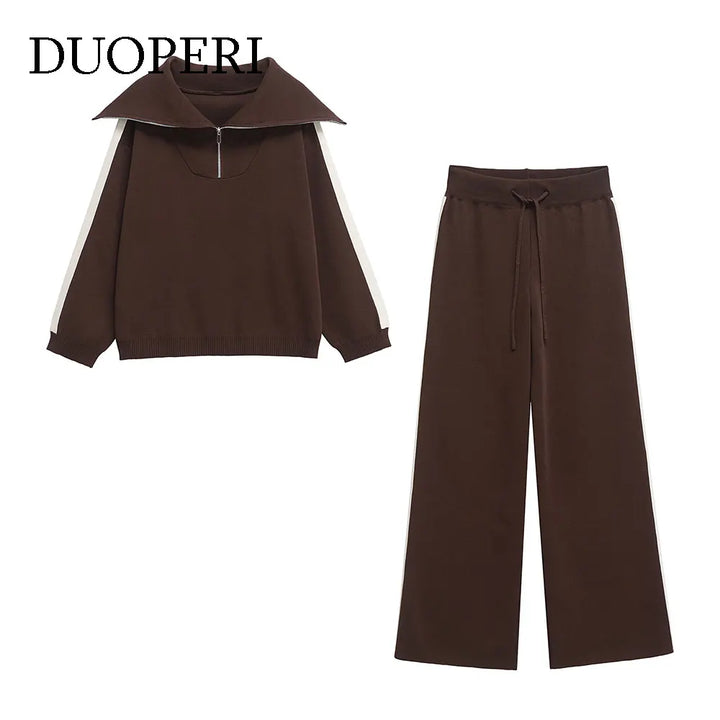 DUOPERI Ensemble 2 pièces pour femme : pull marron et pantalon taille haute élastique. Style chic et féminin.