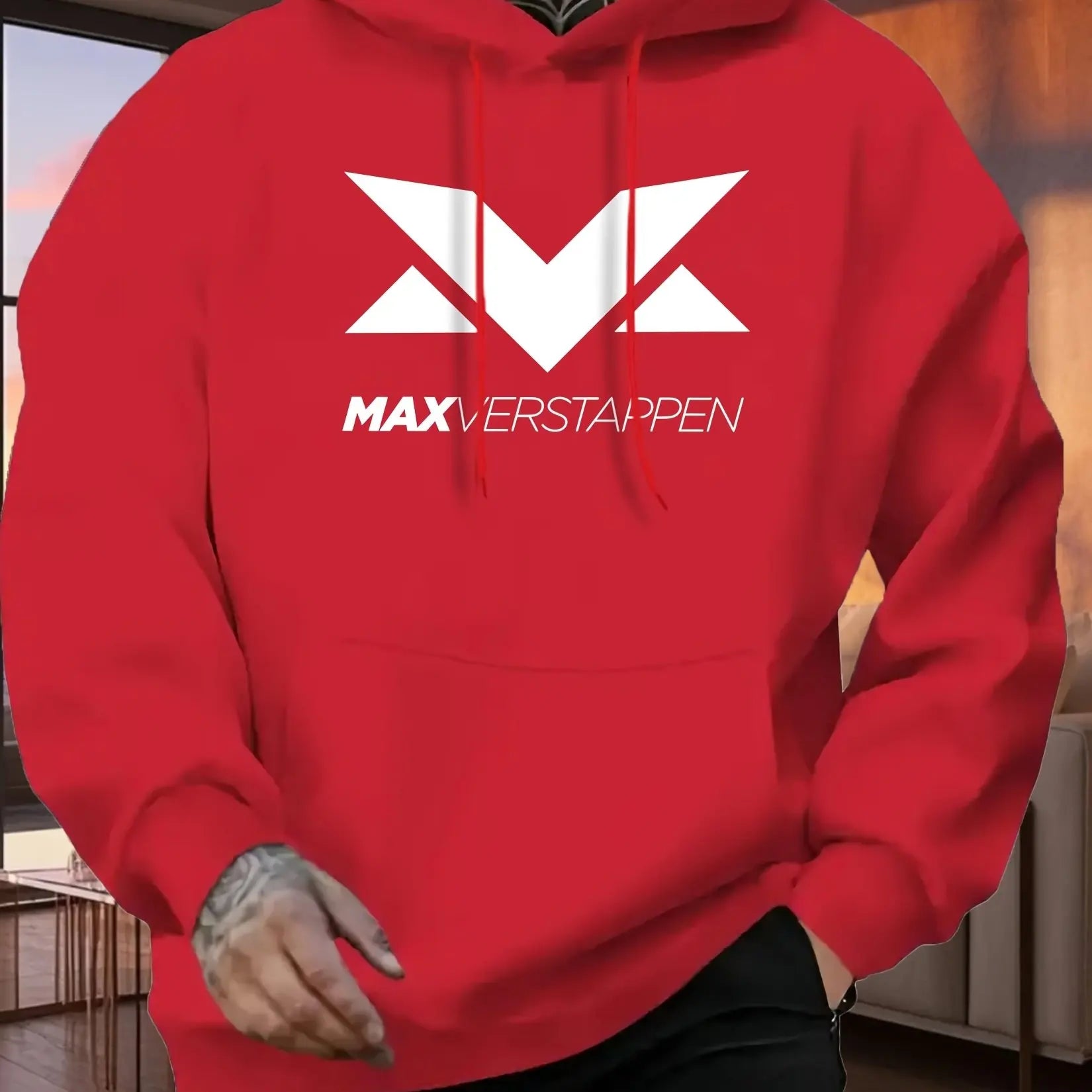 Men'S Red Max Verstappen Racing Graphic Hoodie - Casual Front Print Pullover with White Logo, Long Sleeves, and Kangaroo Pocket