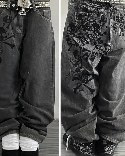 Y2K Street New Skull Embroidered Jeans American Fashion Trendy Retro Pants Men Hip Hop Gothic Harajuku Punk Loose Wide Leg Pants