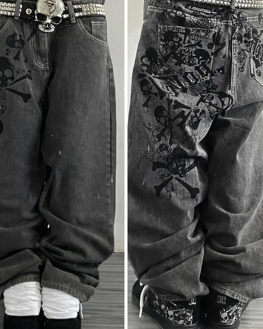 Y2K Street New Skull Embroidered Jeans American Fashion Trendy Retro Pants Men Hip Hop Gothic Harajuku Punk Loose Wide Leg Pants