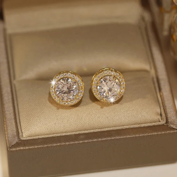 Luxury White Zircon Stud Earrings – Gold Round Vintage Wedding Jewelry for Women