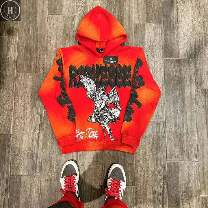 26 Spring American vintage rock punk style Harajuku oversized hoodie, eagle pattern hooded sweater, colorful letter print HALALZEN