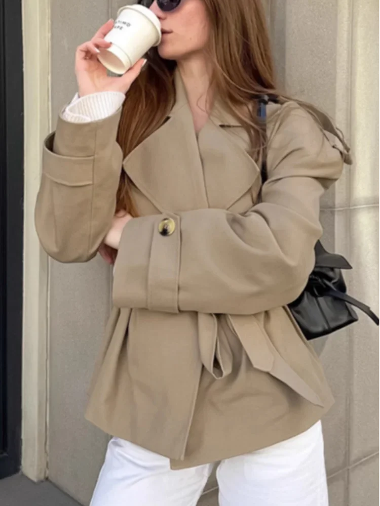 Vintage Solid Slim Women's Windbreaker Turn-down Collar Long Sleeve Lace Up Waist Cinching Jackets New Chic Lady Locomotive Tops