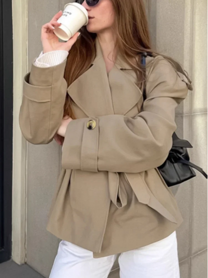 Vintage Solid Slim Women's Windbreaker Turn-down Collar Long Sleeve Lace Up Waist Cinching Jackets New Chic Lady Locomotive Tops