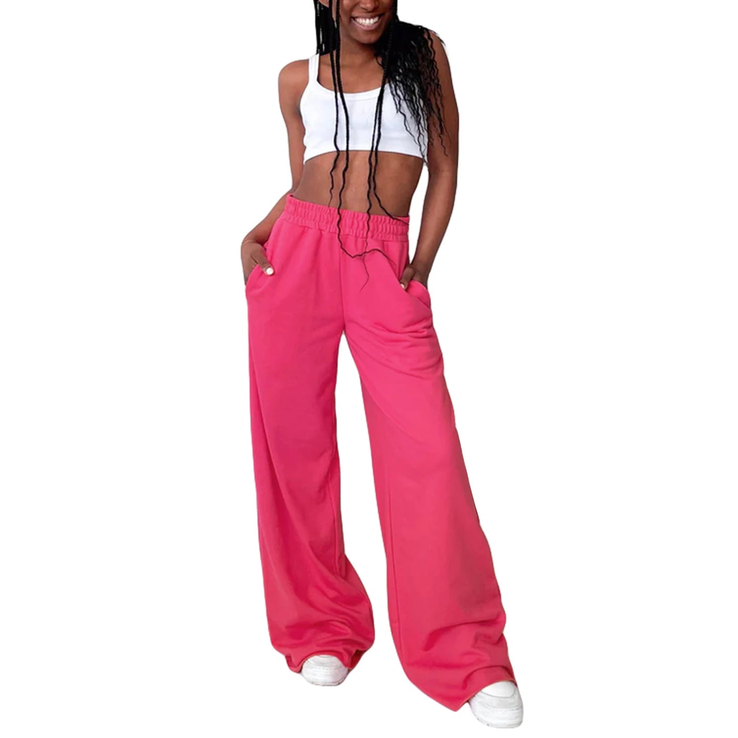 Women s High Waist Wide-Leg Pants in Solid Color Elastic Waistband Loose Fit Casual Fall Sweatpants with Straight Bottoms
