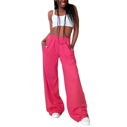 Women s High Waist Wide-Leg Pants in Solid Color Elastic Waistband Loose Fit Casual Fall Sweatpants with Straight Bottoms