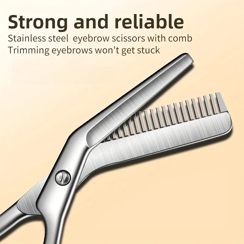 1-Piece Stainless Steel Eyebrow Trimmer with Comb, Women's Special Eyebrow Scissors, Men's Trimmer, Small Eyebrow Trimmer Set Tool, Universal for Left and Right Hands, Durable and Precise for Shaping and Trimming Halalzen