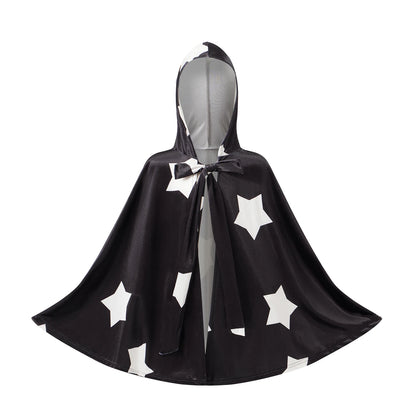 Kids Halloween Witch Cape Costume with Classic Star Pattern and Hooded Wizard Cape for Cosplay Outfit Fun and Magic Theme