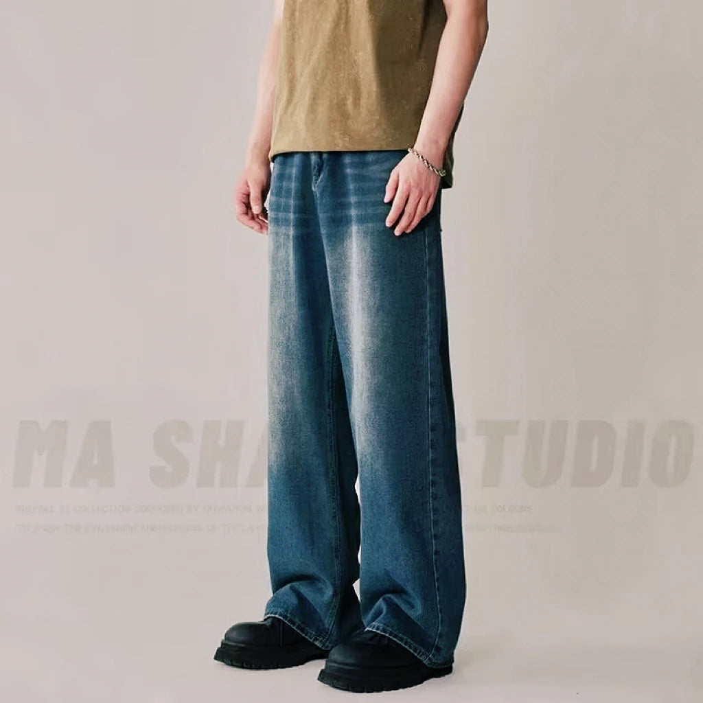 Spring Autumn Men's New Denim Pants Old Blue Washed Casual Jeans Menwear Loose New Fashion contrasting color Wide Leg Trousers HALALZEN