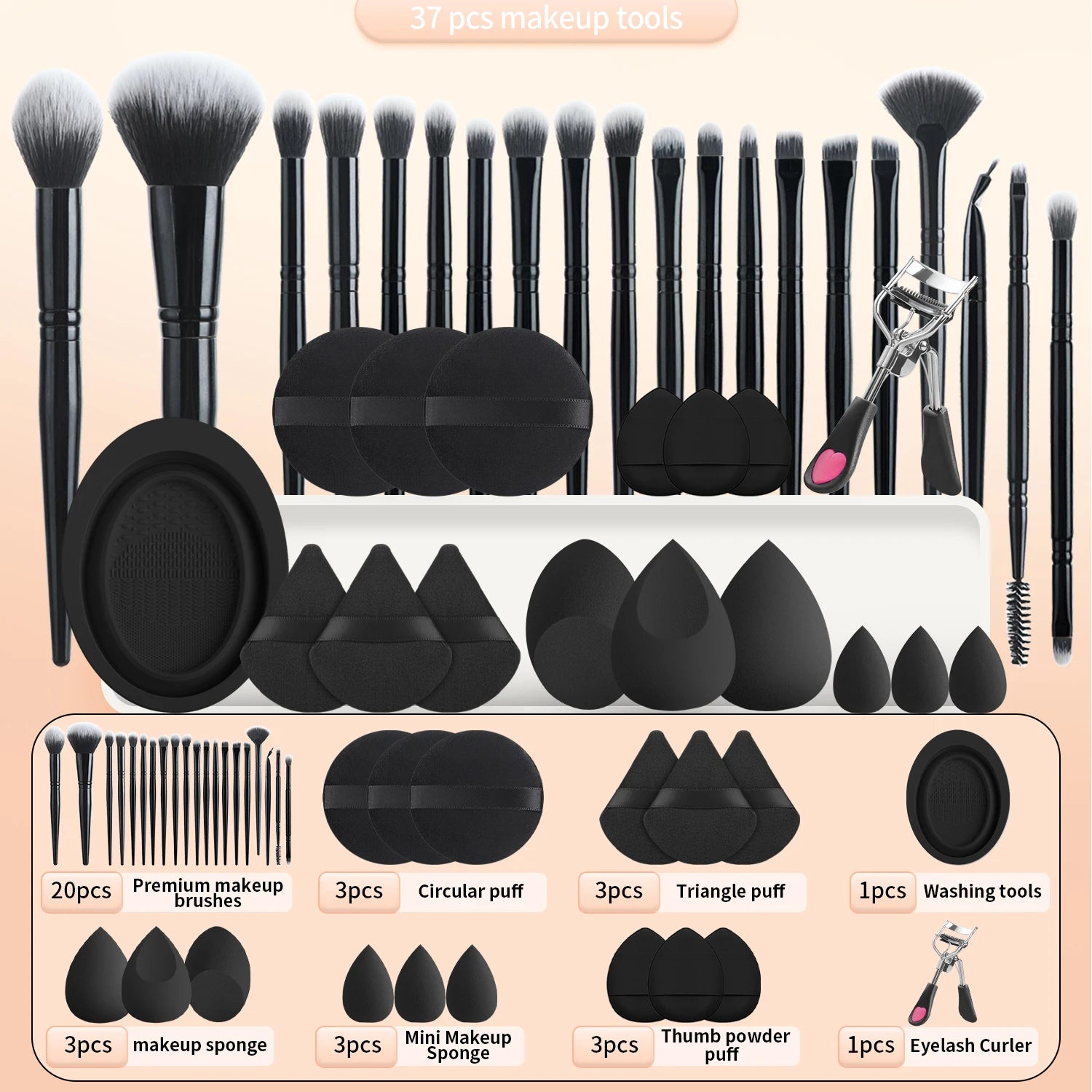 37PCS Makeup Tools Set, 20 Brushes + Sponges Puffs, Eyelash Curler, Cleaning Tool for Full Face