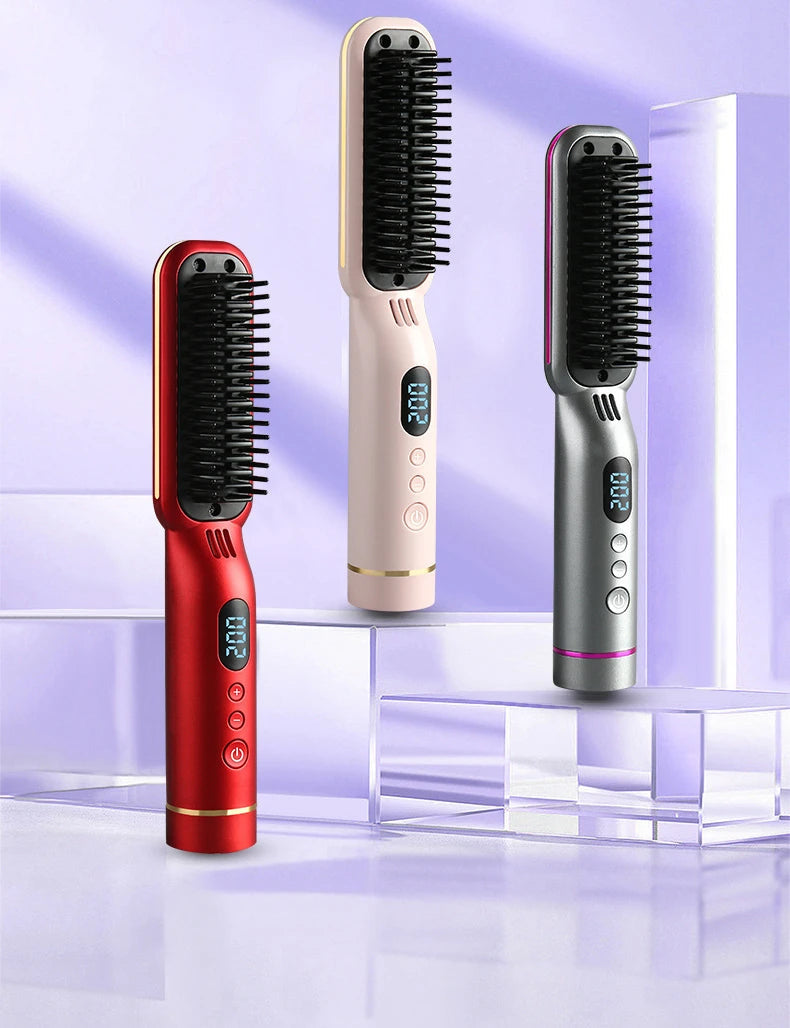 Wireless Hair Styler Negative Ion Hair Straightener Comb & Curling Comb Damage-Free Voluminous LED Screen Rechargeable Hot Comb Halalzen