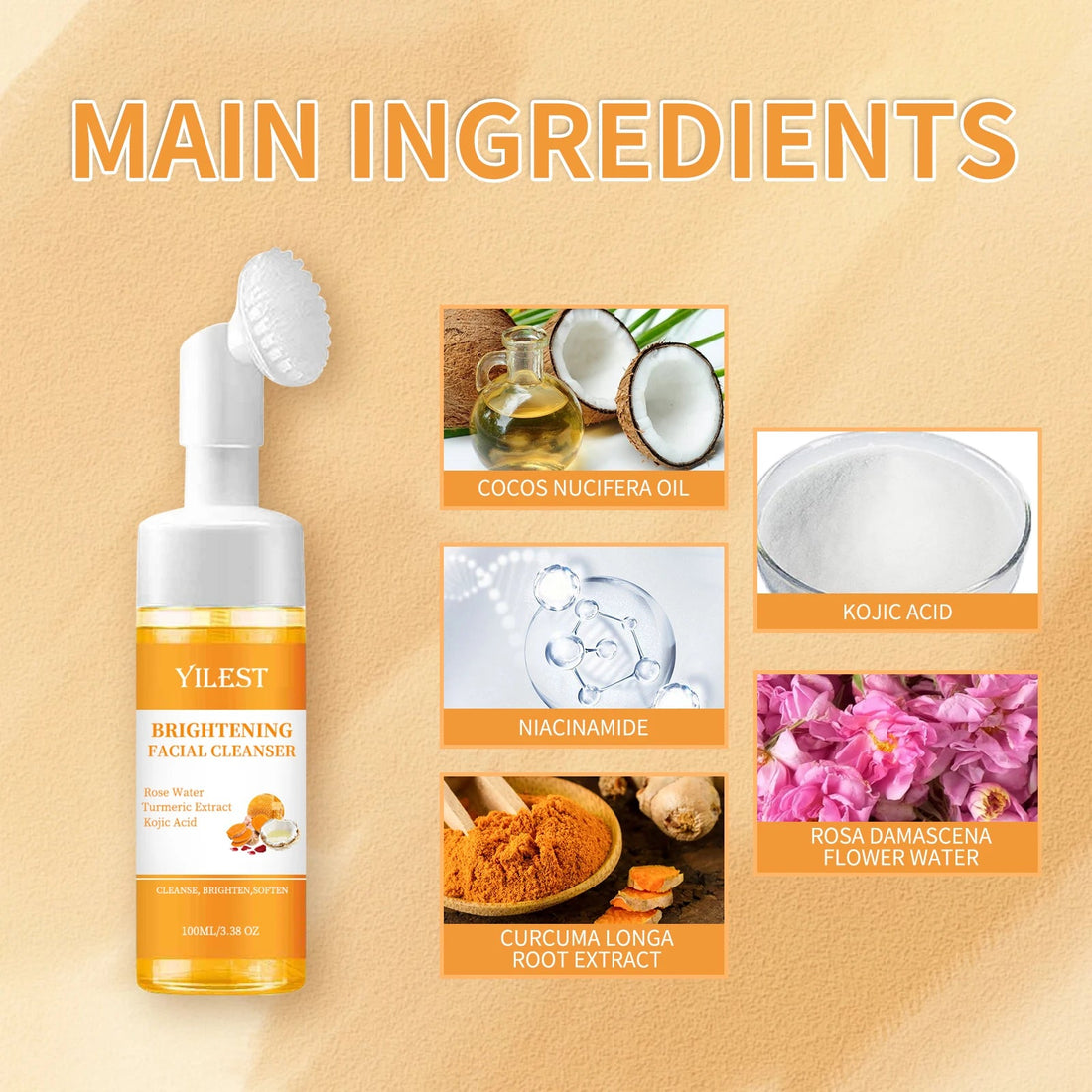 YILEST Brightening Facial Cleanser 100ml - with Kojic Acid, Turmeric & Rose Water, Soft Brush Head for Deep Cleansing, Acne Care Halalzen