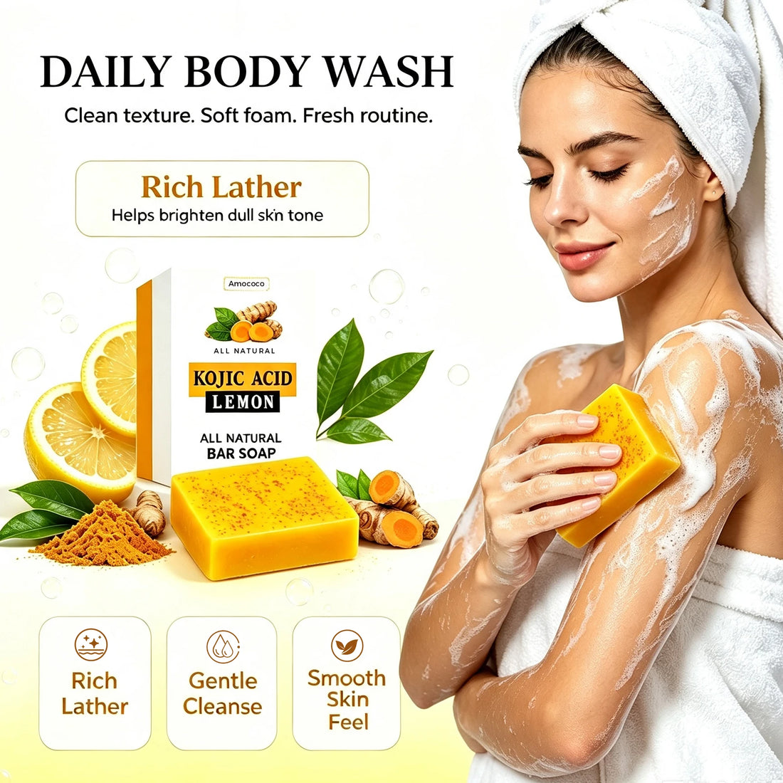 Amococo Turmeric Kojic Acid Soap 100g Deep Cleansing Bar Soap for Face and Hands Natural Skin Care Body Cleanser Daily Bath Soap