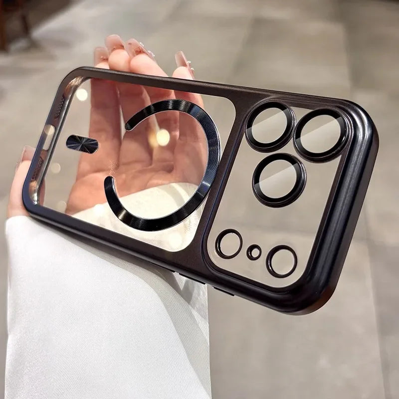 Coque MagSafe transparente de luxe avec placage, compatible iPhone 17 Pro Max et iPhone 17 Pro Air. Protection d'appareil photo en TPU souple d'origine.