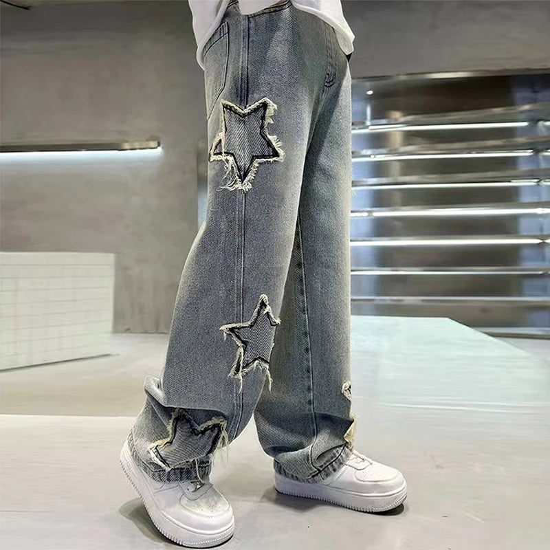 Teenage Five-Pointed Star Straight-Leg Washed Denim Jeans - Handsome, Versatile, Casual Wide-Leg Pants