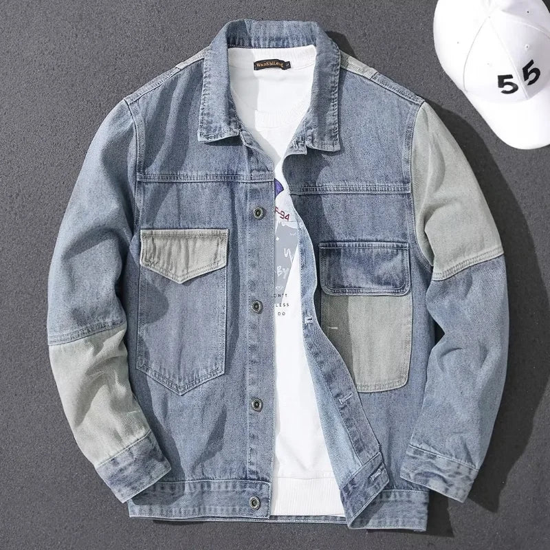 Koreansk stil denim lapning yderbeklædning herrejakke med krave afslappet minimalistisk mode trendy forårs- og efterårsjakke ny stil