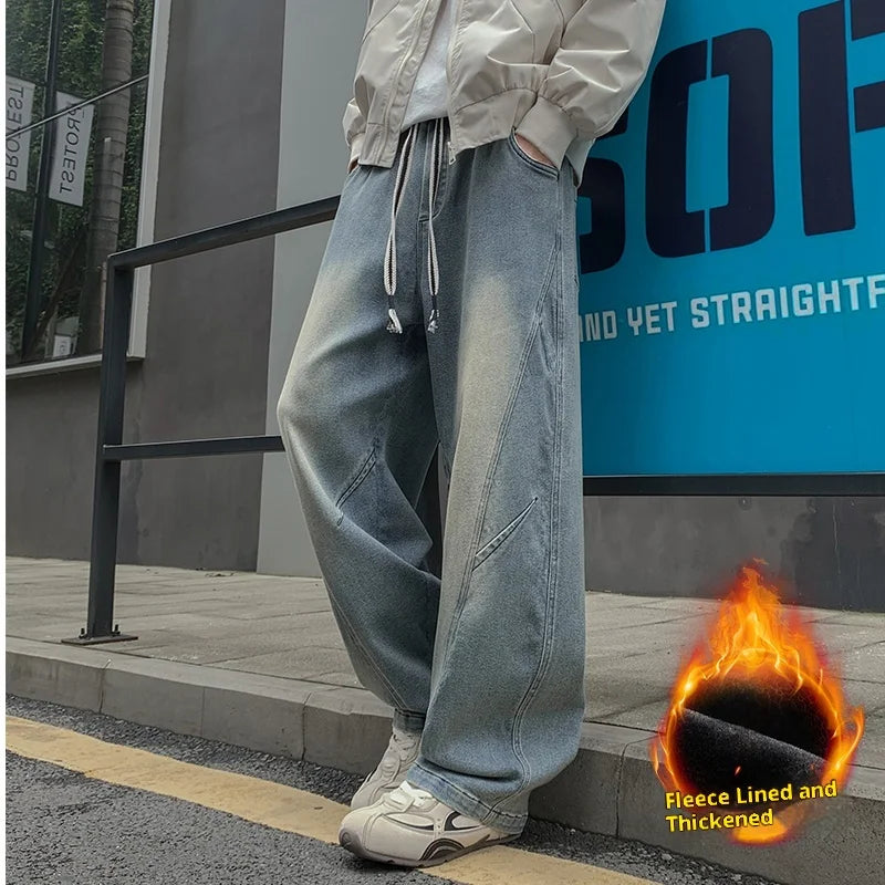 New Men's Fleece-Lined Wide-Leg Jeans Winter Vintage Washed Elastic Drawstring Waist Denim Trousers Men 8XL Loose Fit Jean Pants HALALZEN
