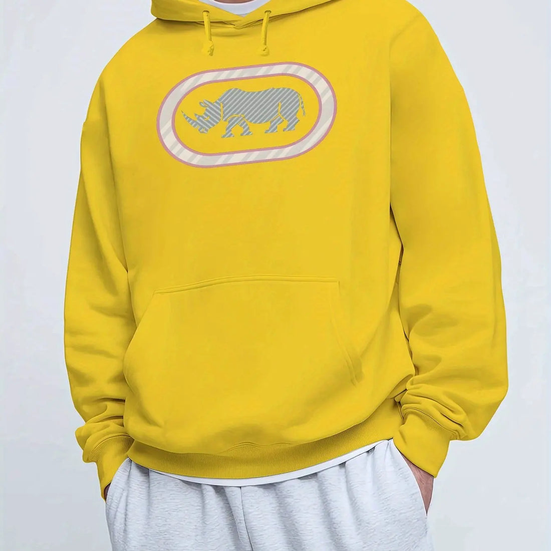 Men'S Casual Rhino Print Hoodie, Winter Long Sleeve Sweatshirt, Regular Fit with Slight Stretch, Trendy American Style Top