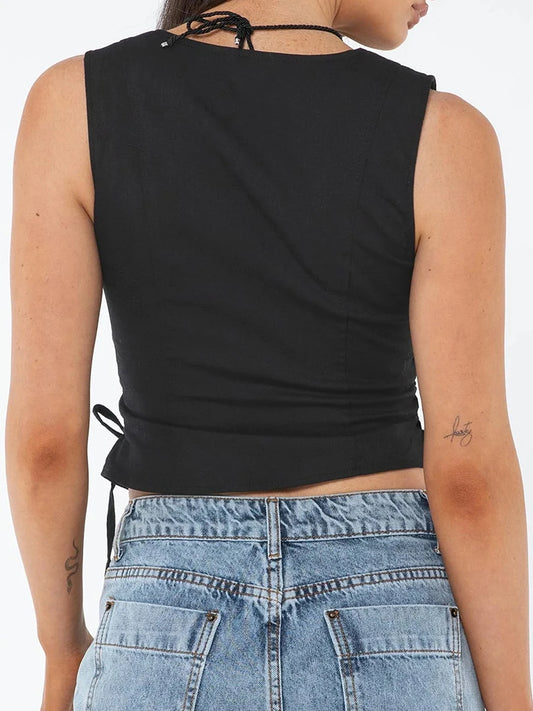 Women s Summer  Tank Tops Solid Color Front Button Vest Side Cross Tie-Up Waistcoat Streetwear
