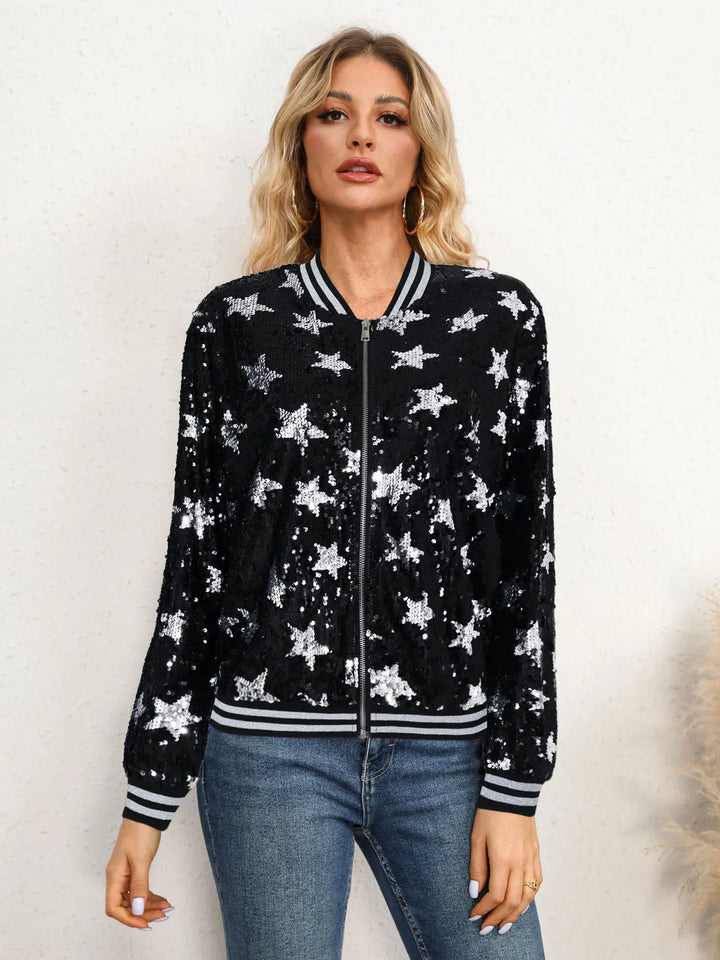 Women Bomber Gradient Color Sequins Baseball Jacket ong Sleeve Short Coats Elegant Solid Female Tops Female Ladies Office Wear