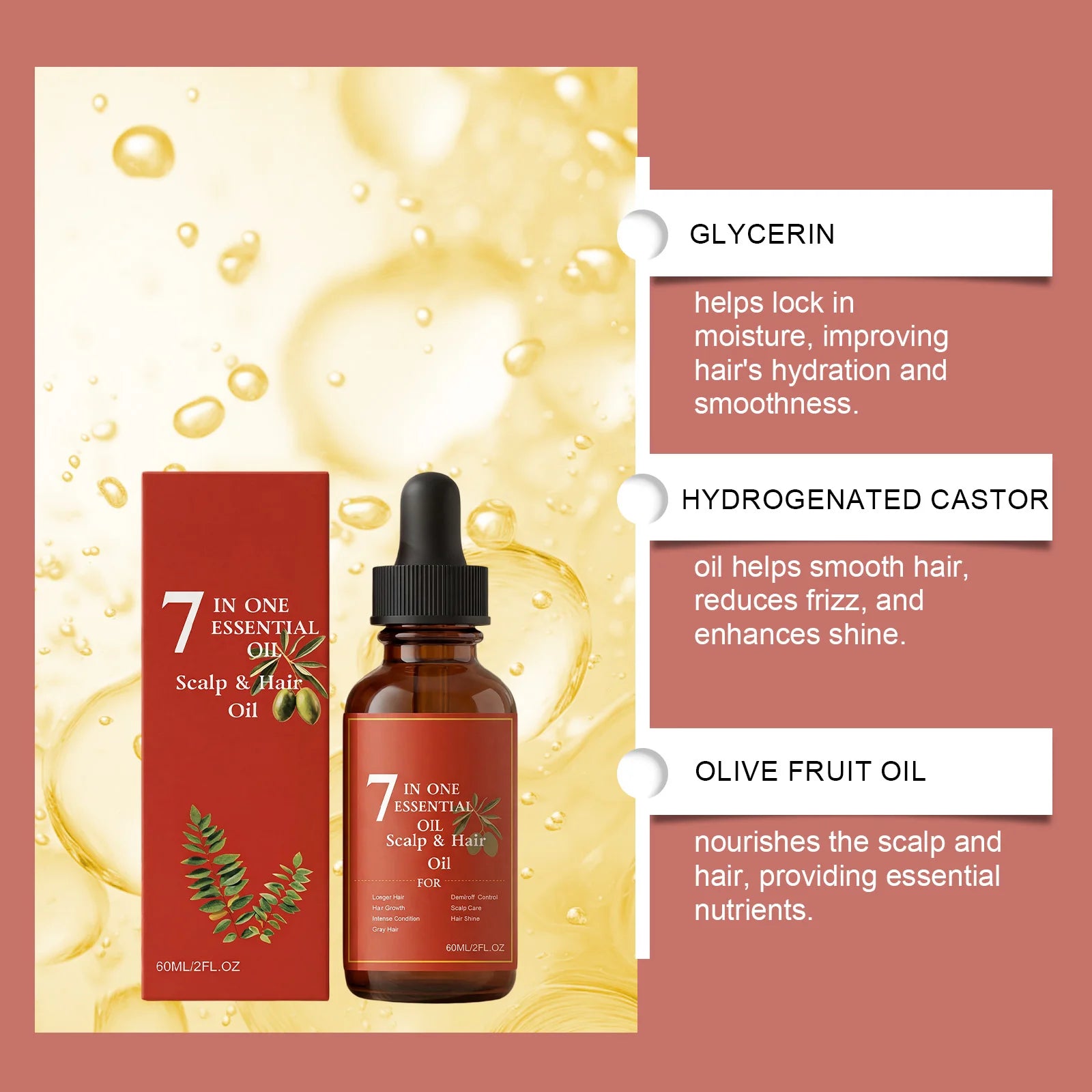 7-in-1 Hair Essential Oil 60ml Rosemary Olive Castor Oil Blend for Dry Scalp Hydration Shine Strong Roots Gray Hair Care