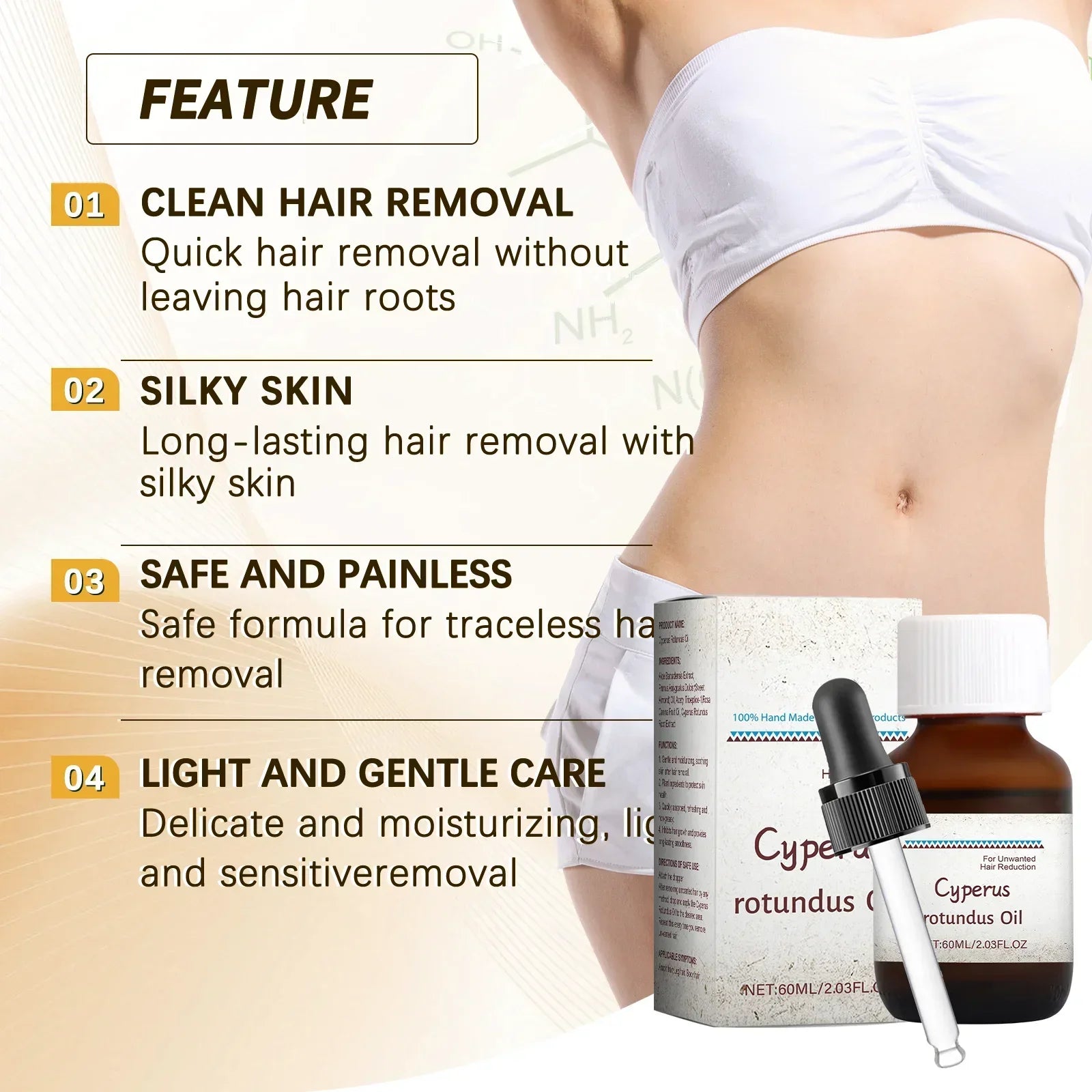 Pure Cyperus Rotundus Oil for Hair Removal Reducing Armpit Legs Arms Body Hair Inhibitor Smooth Body Skin Hair Removal Oi 60MLl