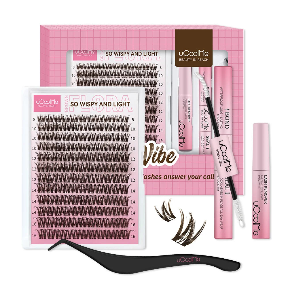 uCoolMe Lashes Brown Flora Long-lasting Waterproof Wispy Clusters Kit with Bond and Seal Remover Beginner Friendly Makeup Tool