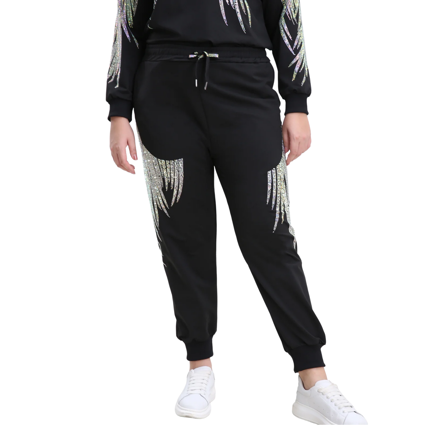 Plus Size Sweatpants for Women Drawstring Rhinestones Graphic High Waisted Joggers with Pockets Elastic Waist Casual