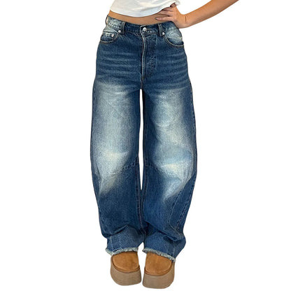 Women s Vintage High Waist Wide Leg Jeans Pants Retro Washed Blue Loose Barrel Denim Trousers for Spring