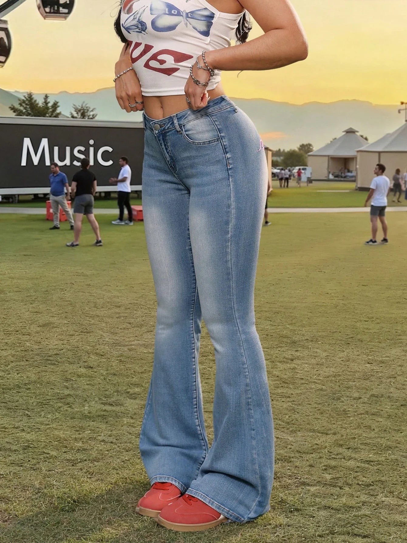 High - Waist Light Blue Flared Denim Jeans for Women - Stylish Pink Back Embroidery