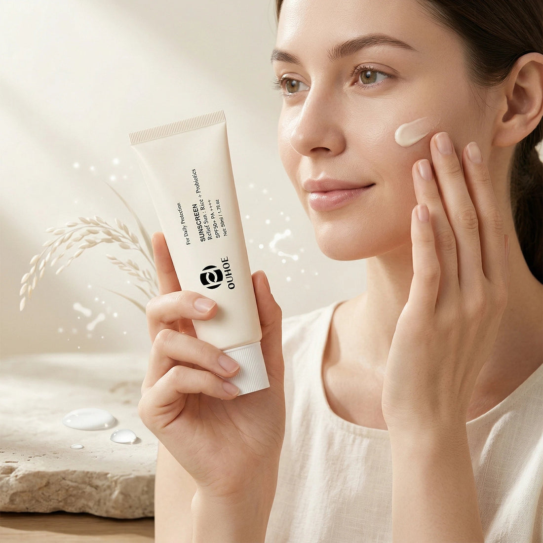 50ML Spf 50 Rice Sunscreen Cream Outdoor UV Protection Moisturizing Soothing Redness Sweatproof Prevent Sunburn Sunblock Lotion Halalzen