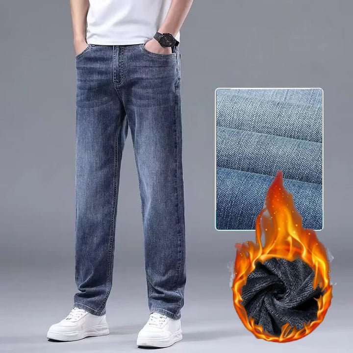 Men New Fleece Lined Thickened Jeans Male Winter Loose Straight Slim Fit Denim Pants High End Casual Elasticity Trousers