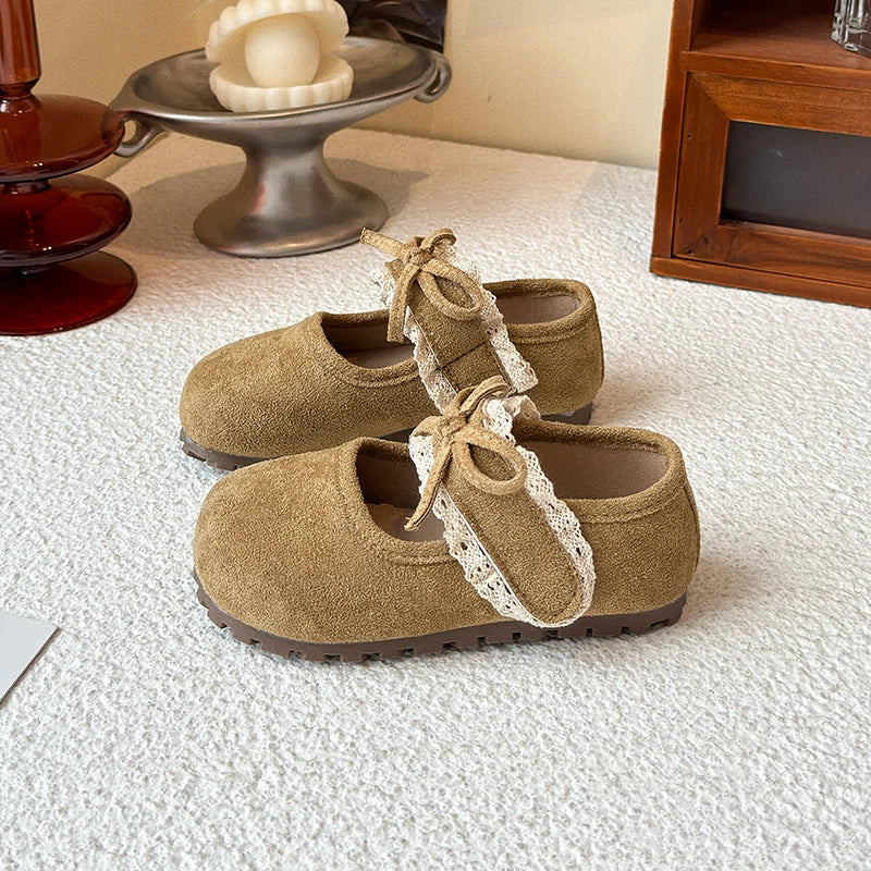 Girls Leather Shoes 1-16 Years Old Khaki Lace Lace Bow Girls Bir Princess Shoes Four Seasons Lightweight Children's ken Shoes