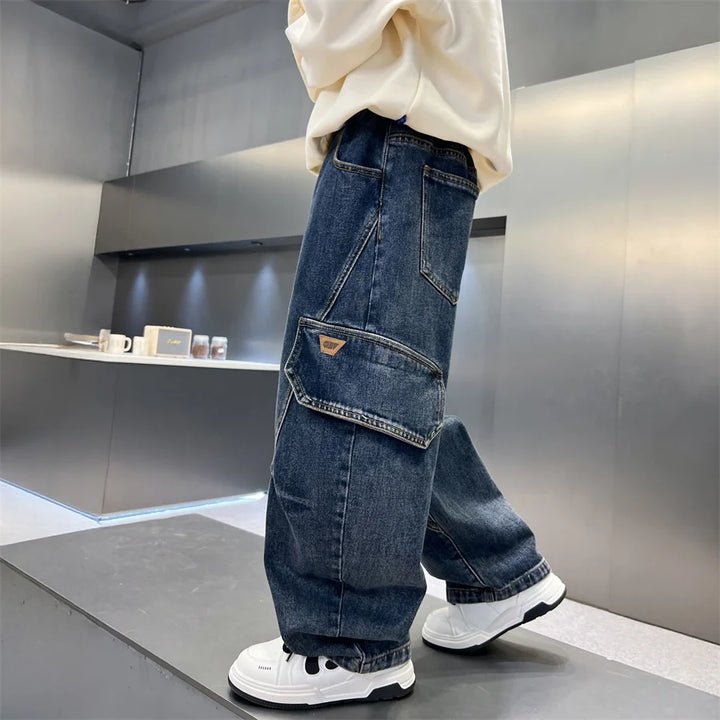 Elegant Children Boy Warm Thermal Cargo Jeans With Pocket Winter Trousers with Fleece Lined Thick Insulated Denim Pants 5-14 Y