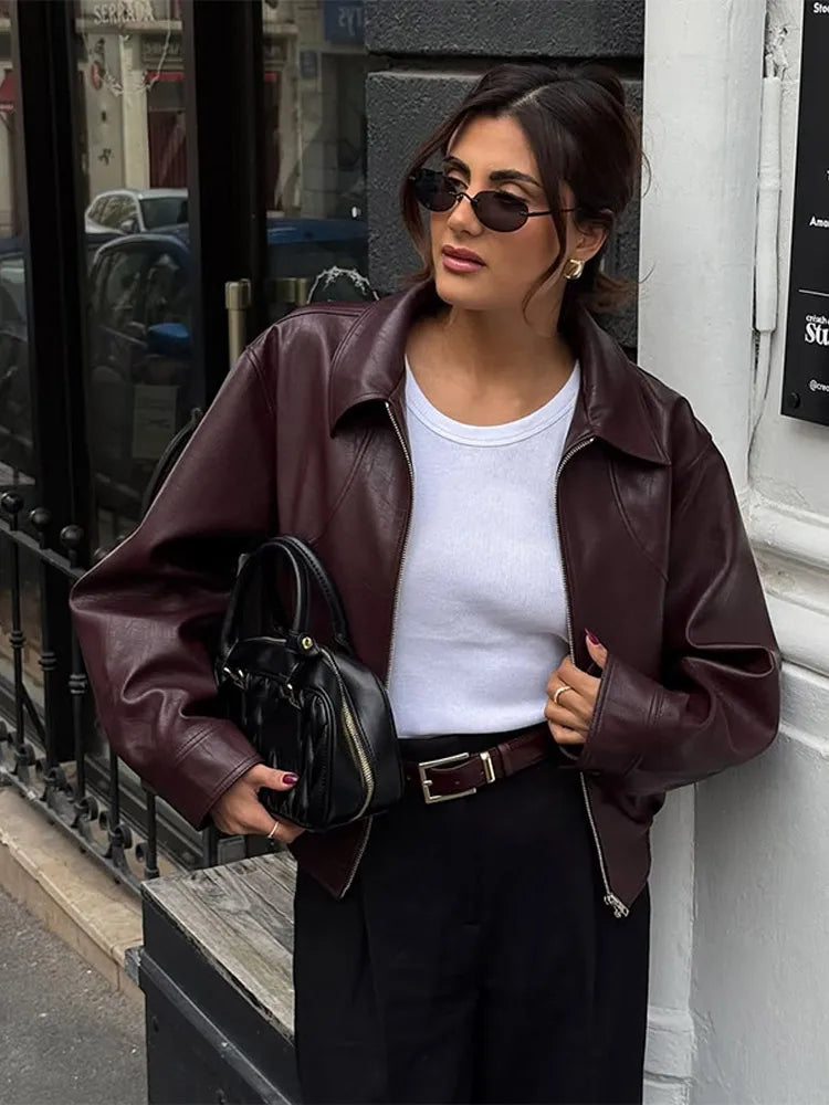 Ladies' burgundy PU leather short jacket fashionable autumn lapel jacket zipper high street loose leather jacket