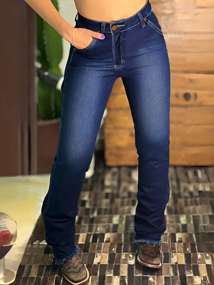 【HME】Women's Stretch Flare Jeans - Vintage Blue Denim Mid-Rise Slim Fit with Slant Pockets & Frayed Hem, No Belt Needed