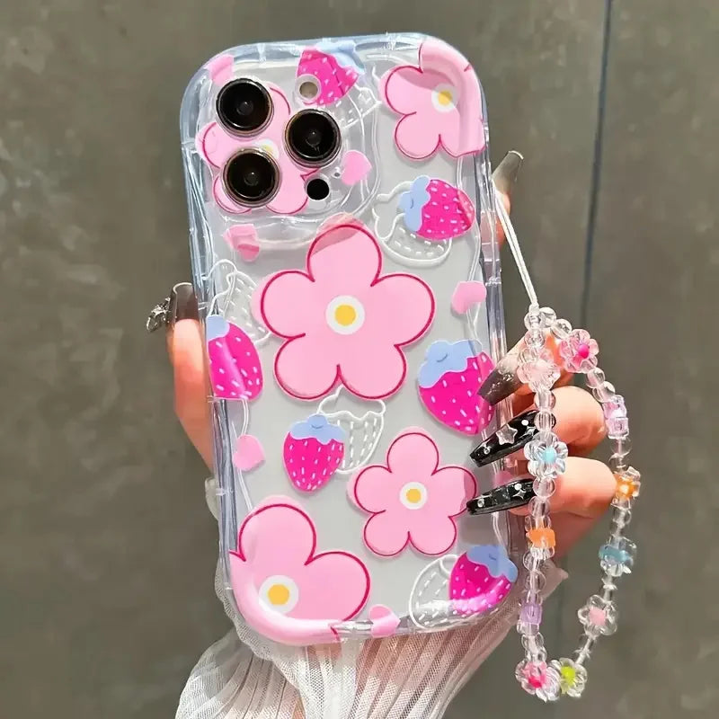Fashionable, simple and cute TPU phone case with floral patterns With high-quality lanyards - i Phone 11, 11 Pro Max, 12, 12 Pro