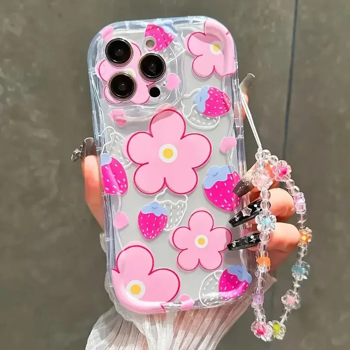 Fashionable, simple and cute TPU phone case with floral patterns With high-quality lanyards - i Phone 11, 11 Pro Max, 12, 12 Pro