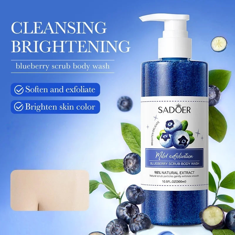 300ml Blueberry Exfoliating Shower Gel Contains Blueberry Extract, Fine Exfoliating Particles Deeply Cleanse Skin Dirt, Improve Rough Skin, Brighten Skin Tone, Make Skin Clean and Silky, and Emit a Pleasant Fragrance Halalzen