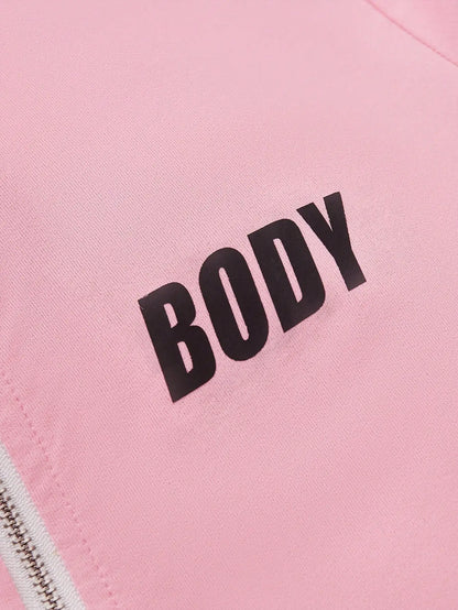 Women's Pink Zipper Sportswear Set of 2 Pieces Jogger Letter Printed Jogging Sportswear Hoodie and Sweatpants Set