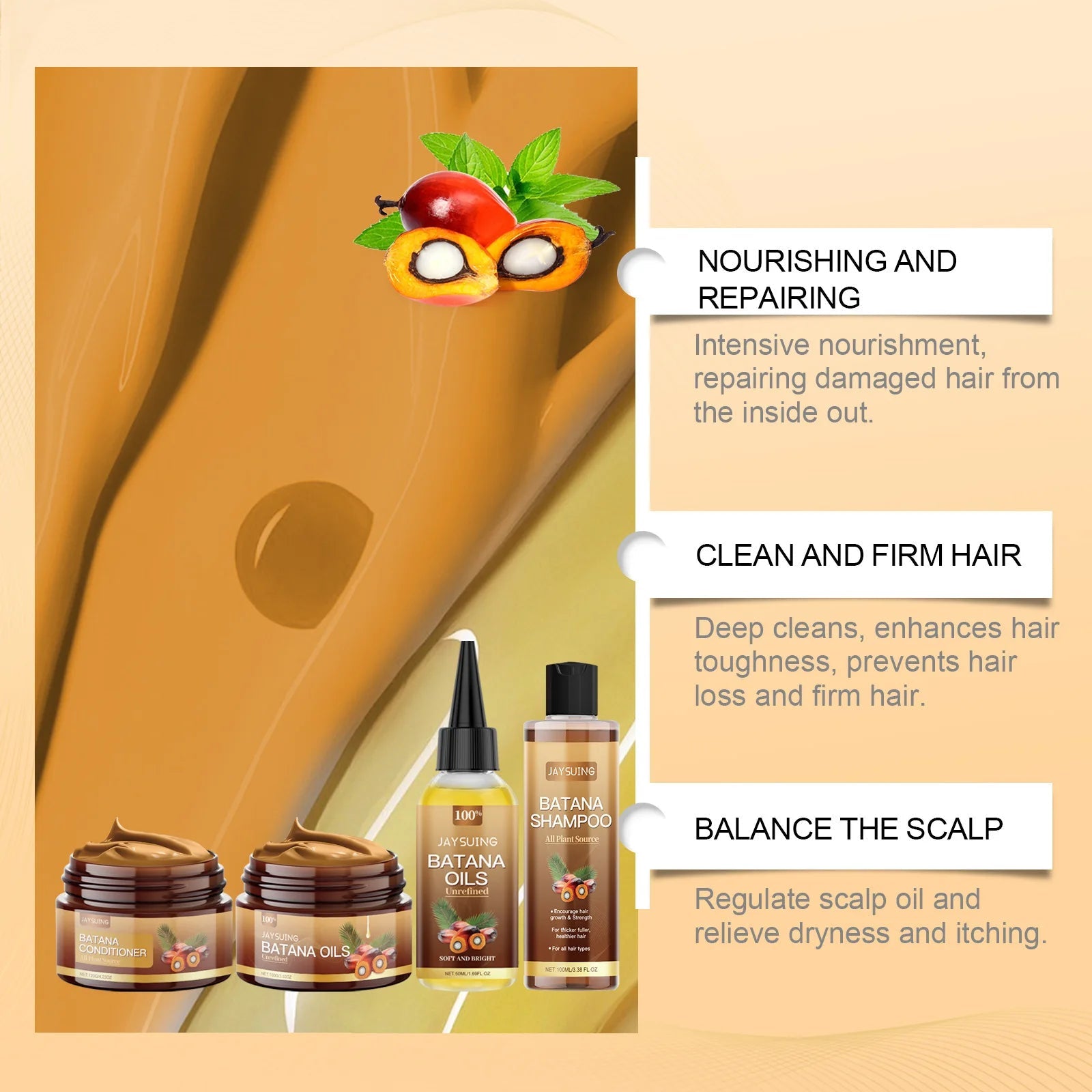 Hair Care Product Batana Oil Shampoo Conditioner Repair Split Ends Frizzy Damage Moisturize Smooth Shiny Keratin Hair Mask Serum Halalzen
