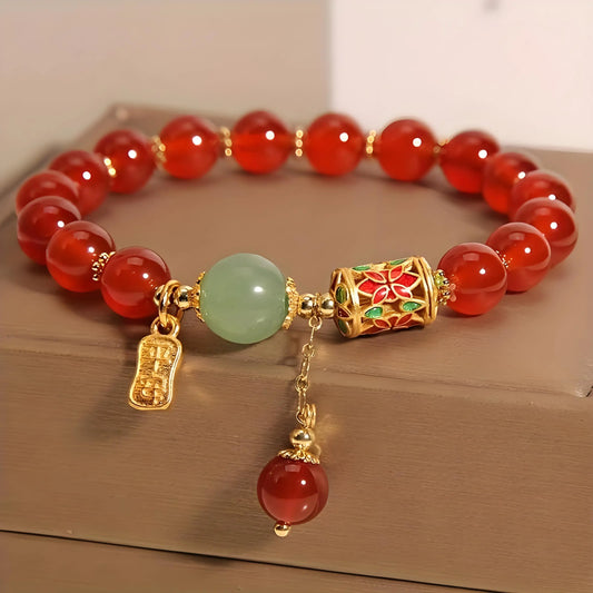 1pc Lucky Bracelet for Women Men, Retro Synthetic Red Agate Bracelet For Family Friend, Niche Red Bead Bracelet