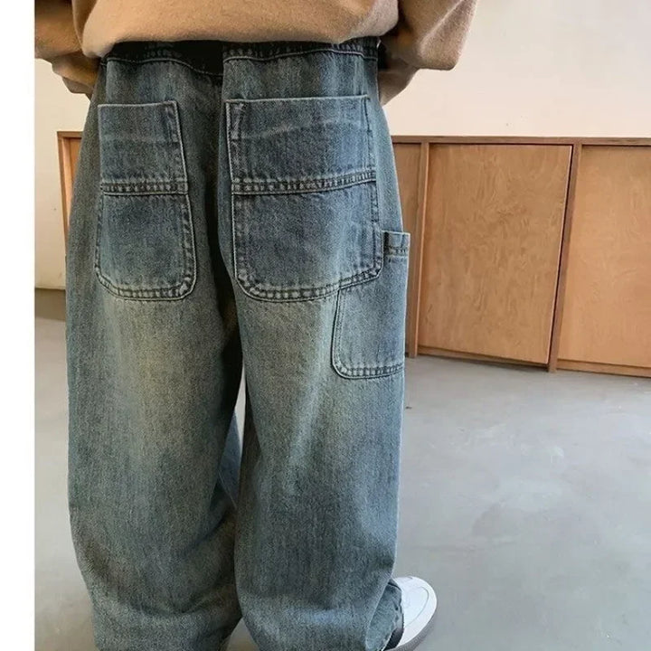 Children's Retro Jeans Loose Straight Pants Wide Leg Pants for Boys and Girls 2025 New Spring Autumn Kid's Denim Pocket Trousers