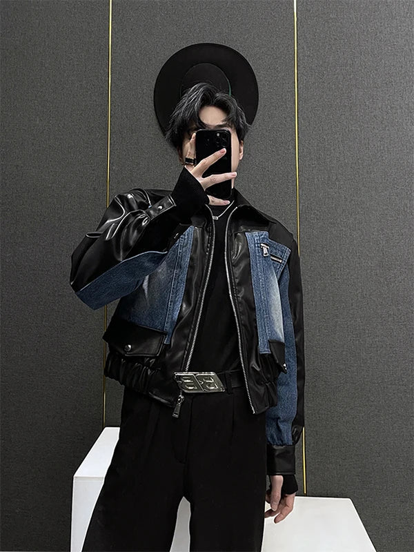 Retro lap-på-lap læder denimjakke til mænd forår efterår afslappet top koreansk trend mærke lige kant lynlås