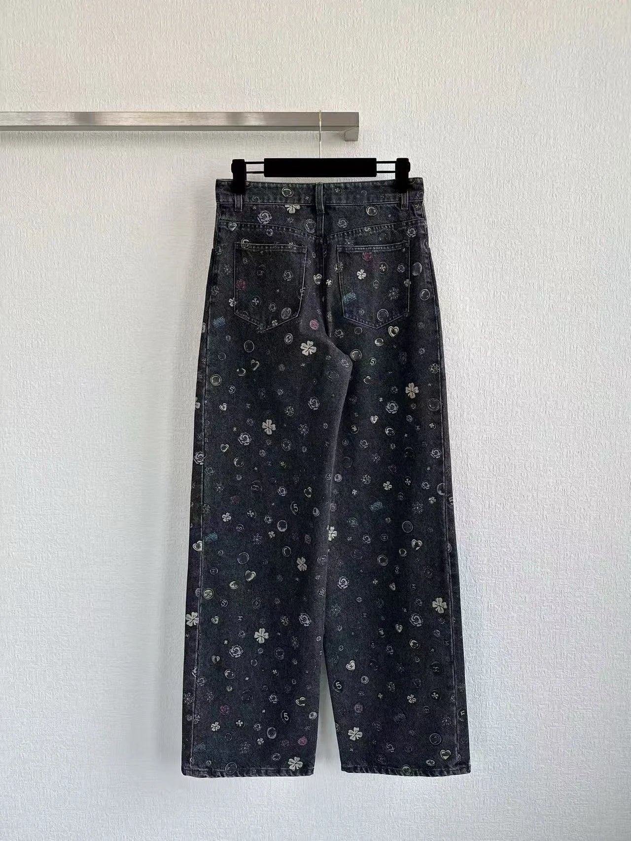 Women's new denim pants with floral print letters, versatile straight leg wide leg denim pants